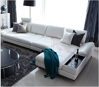 Canapé angle en cuir avec 4 dossiers deplaçables , deux bras pliable e coffre , photo